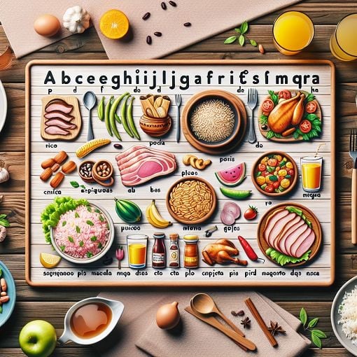 A colorful and appetizing depiction of various Spanish foods, such as rice, beans, pork, chicken, and juices, arranged aesthetically on a dining table, with text elements for language learning.