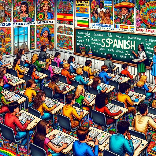 A vibrant, illustrated image of a classroom with students learning Spanish, featuring vocabulary words and colorful visuals.