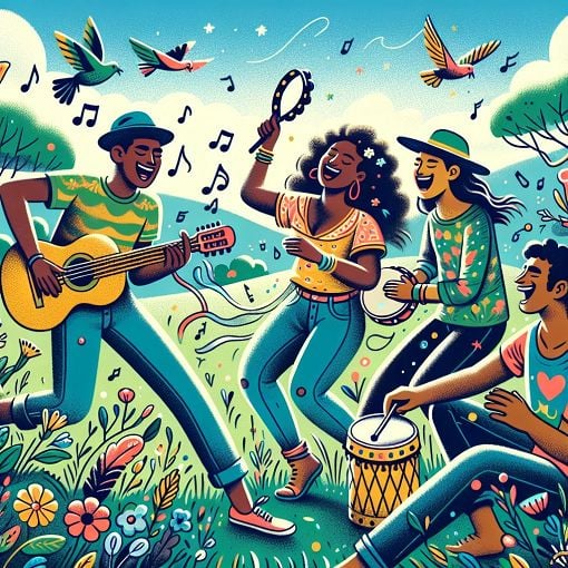 A vibrant, cartoon-style illustration showing a group of friends enjoying music and good times together in a lively setting, incorporating elements like instruments, nature, and laughter to capture a spirit of camaraderie and adventure.