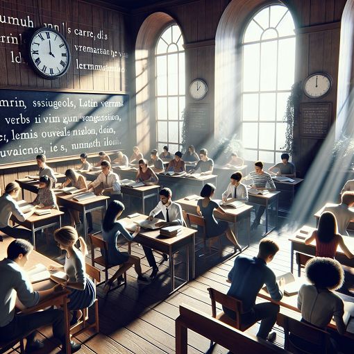 A bright classroom scene with Latin inscriptions on the chalkboard, students studying verbs, a clock showing time passing, and a sense of collaboration and learning in the air.