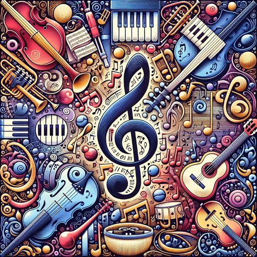 A vibrant music-themed illustration showcasing various musical terms and notation with instruments in the background.