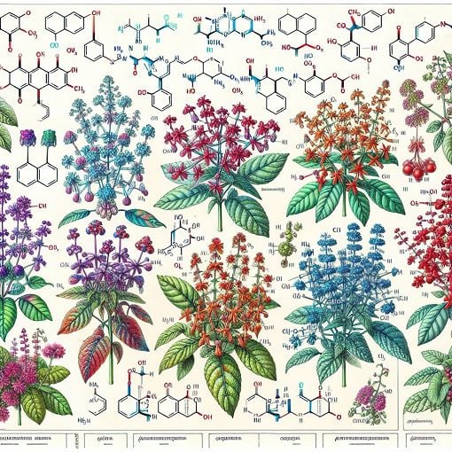 A detailed illustration of different alkaloid compounds and their plant sources, featuring vibrant colors and labels indicating their properties and uses.