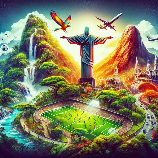 A vibrant visualization of Brazil's landmarks and cultural symbols, including landmarks like Christ the Redeemer, the Amazon Rainforest, and a football scene.