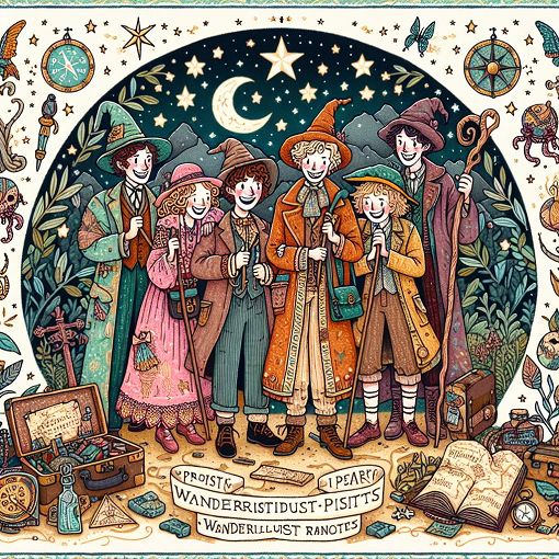 A vibrant and whimsical illustration of iconic characters from the Marauders era of a popular wizarding world, featuring a whimsical, magical landscape with a night sky, and elements that hint at friendship and adventure.