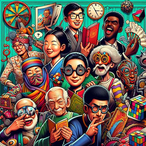 A colorful and whimsical illustration of a diverse group of quirky characters representing different personalities and traits, set against a playful asylum-themed background.