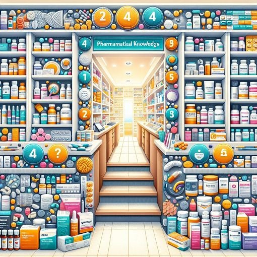 Create an engaging and vibrant illustration of a modern pharmacy or drugstore filled with various medications, supplements, and health products, representing a quiz about pharmaceutical knowledge.