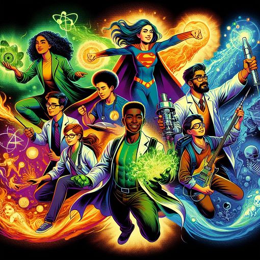 A vibrant, colorful illustration of various science-themed superheroes interacting, displaying diverse personalities, showcasing the idea of friendship and individuality.