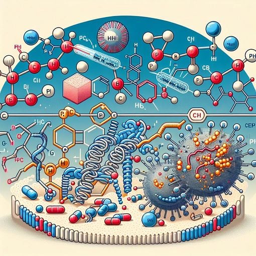 A highly detailed illustration of penicillins and cephalosporins mechanisms of action, depicting their chemical structures and effects on bacterial cell walls, in a scientific, educational style.