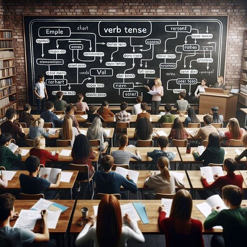 Create an illustration of a classroom setting where students are learning about verb tenses, with a large blackboard showing examples of simple present and past tense verbs, and students engaging in a quiz activity.