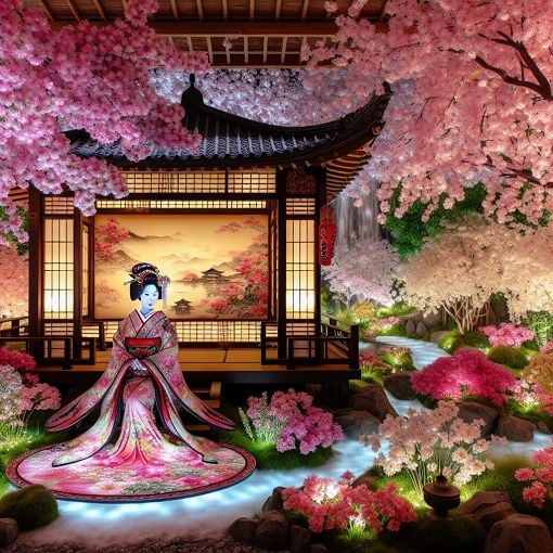 A beautiful and serene image of a traditional Japanese tea house with cherry blossoms and a geisha in a colorful kimono, soft lighting