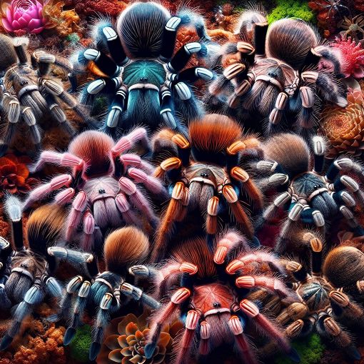 Generate an image of a colorful, detailed close-up of various tarantula species in a natural habitat, showcasing their distinct features and colors, with an engaging background that includes plants and natural elements.