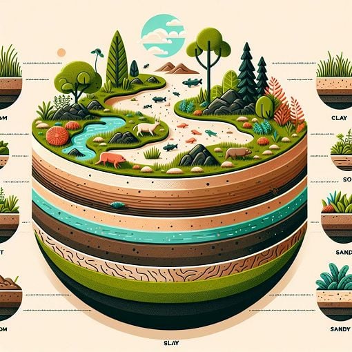 A vibrant representation of various soil types, habitats, and natural materials, featuring lush greenery, animals, and soil layers in a visually appealing layout.