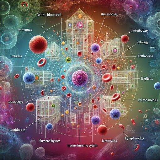 An educational illustration of the human immune system, featuring white blood cells, antibodies, and lymph nodes, with a vibrant background representing health and biology.