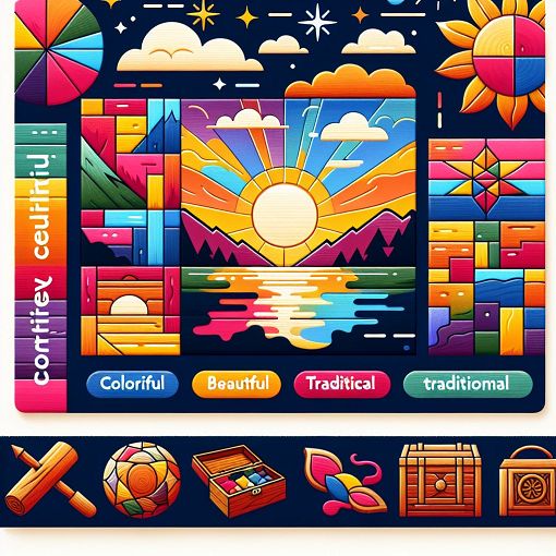 An illustration of colorful adjectives and descriptive words surrounding a quiz interface, featuring vibrant visuals of various objects that showcase different adjectives like 'colorful,' 'beautiful,' and 'traditional.'