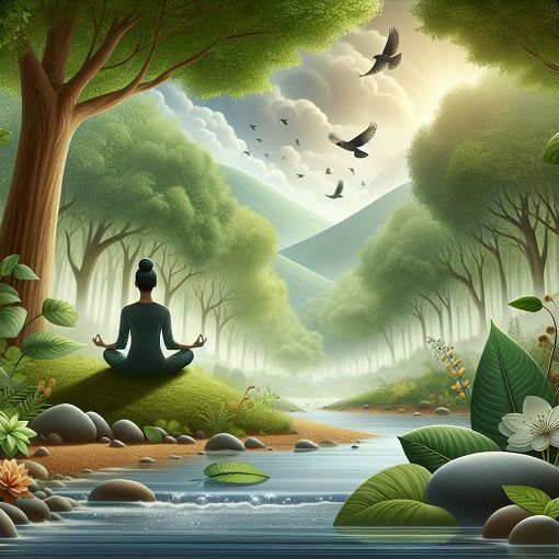 A calm and serene landscape with a person meditating, surrounded by nature, symbolizing anger management and emotional control.