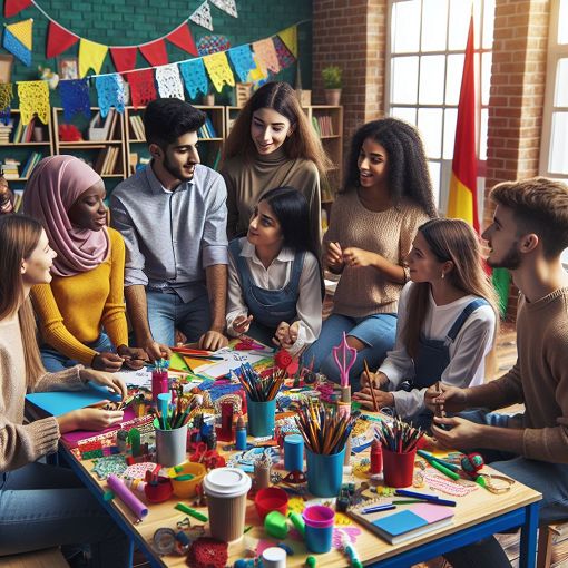 A diverse group of students collaborating on a creative project in a classroom setting, with bright colors and an inspiring atmosphere.