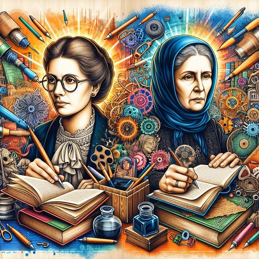 An artistic collage featuring famous female authors like J.K. Rowling and Malala Yousafzai, surrounded by books and educational symbols, with a bright and engaging color palette.