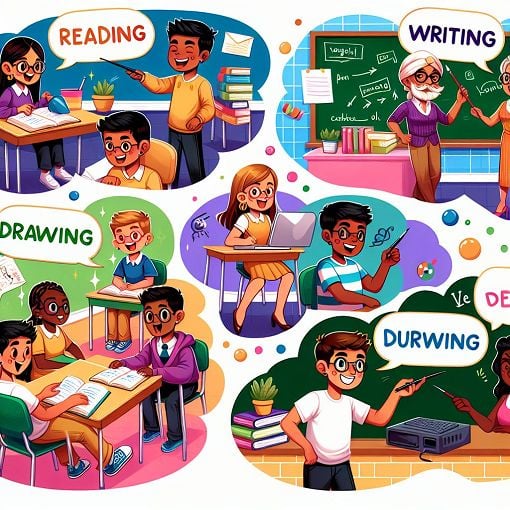 A vibrant and engaging illustration featuring various verb actions represented by animated characters in a classroom setting, with colorful text bubbles showcasing the verbs being practiced.