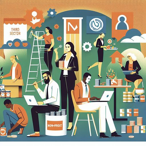 A vibrant and engaging illustration depicting various non-profit organizations and the third sector, showcasing themes of community service, teamwork, and public interest.