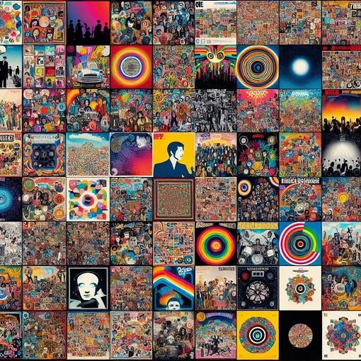 A colorful collage of iconic album covers from various artists and decades, highlighting the diversity and history of recorded music.