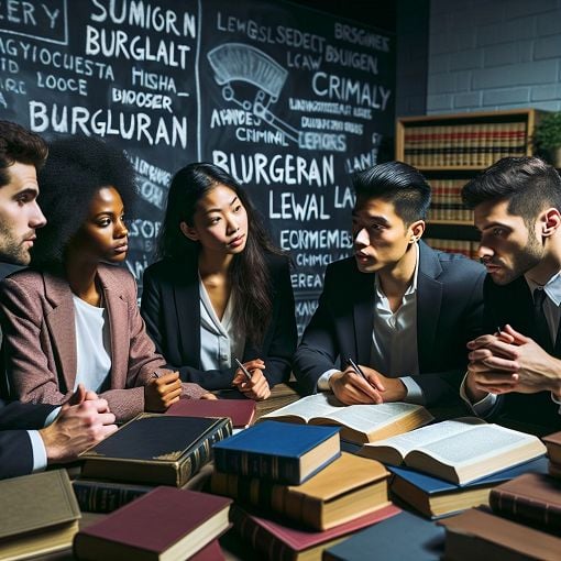 A group of law students engaged in a discussion, surrounded by law books and a chalkboard filled with legal terms related to burglary and criminal offences.