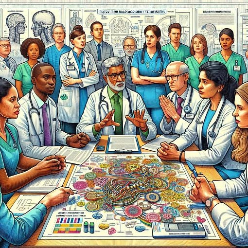 A vibrant and informative illustration showcasing healthcare professionals discussing infection control and stress management strategies in a clinical setting.