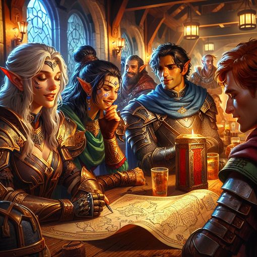 Create an image of a fantasy RPG scene depicting diverse characters such as elves, warriors, and mages gathered in a lively tavern, discussing quests and adventures.