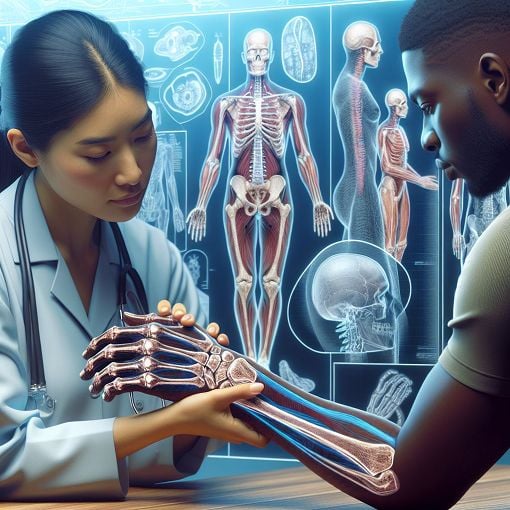 Create an image that depicts a healthcare professional examining a patient's wrist, with medical diagrams of a wrist anatomy and fracture types in the background, in a clinical setting.