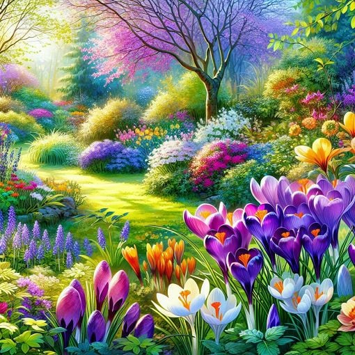 An illustration of blooming spring flowers in a lush garden, showcasing crocuses, snowdrops, and other spring flora, vibrant colors, sunny atmosphere