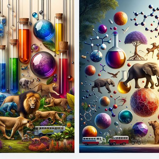 A vibrant and colorful illustration showing various materials like metal, wood, and glass along with animals like lions and elephants, all set against a playful science-themed background.