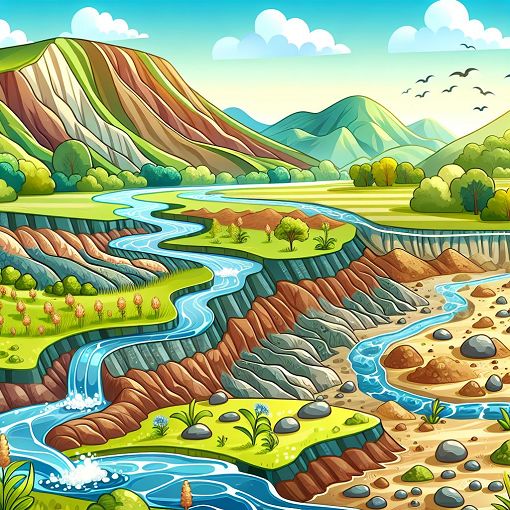 Create an educational illustration depicting geological processes such as weathering, erosion, and soil formation in a vibrant landscape with hills and rivers.