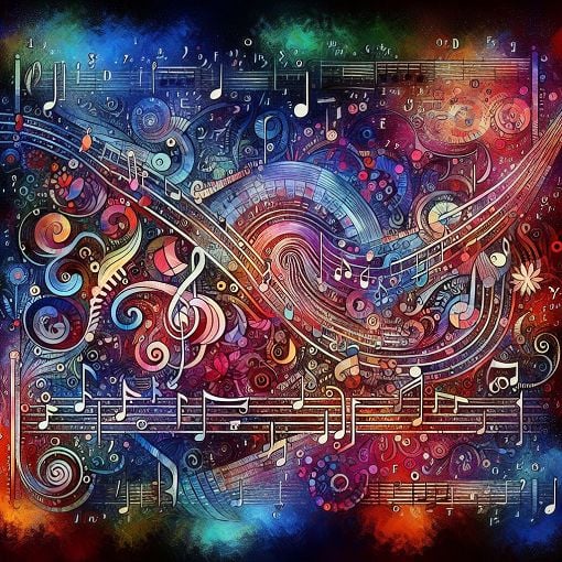 Create an image of a musical staff with notes, clefs, and symbols, featuring a bright and engaging background that invokes music theory concepts.