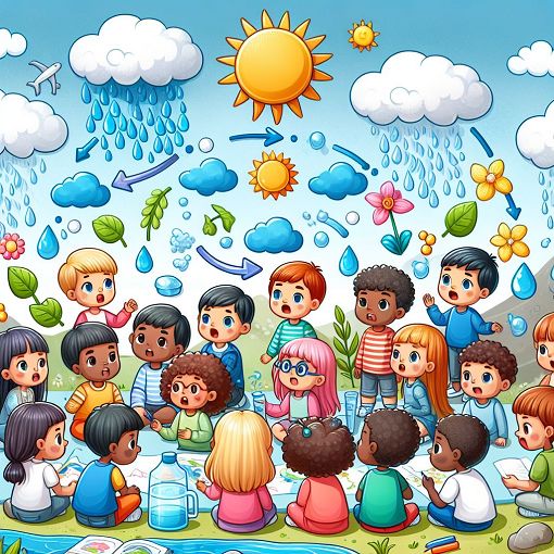 A colorful illustration of a water cycle with sun, clouds, and playful children learning about water conservation and usage.