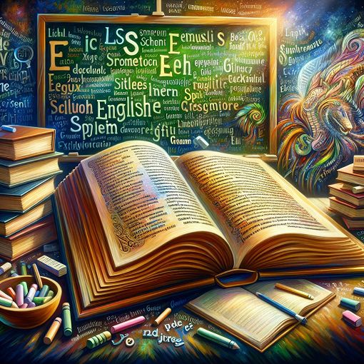 An engaging and colorful illustration of educational themes featuring books, a chalkboard, and various English language terms.