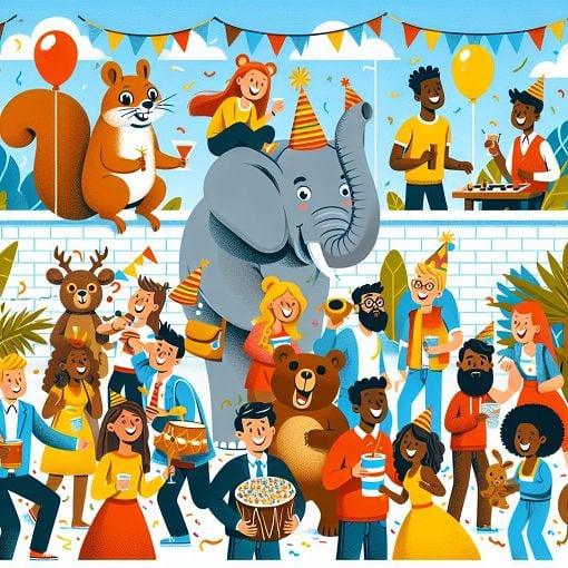 A colorful, cartoon-style illustration of various animals like a squirrel, bear, and elephant, interacting in a fun and lively college setting with students and festive decorations.