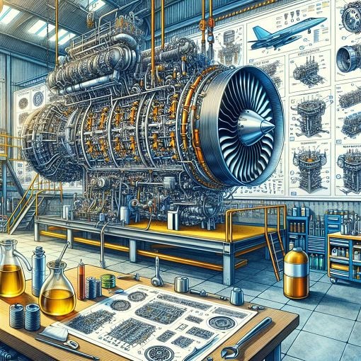 A detailed illustration of various aero engine types and their components in a workshop setting, showcasing engine configurations and oil interaction.