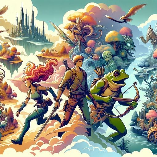 A vibrant, colorful illustration featuring iconic characters of Chrono Trigger like Crono, Marle, and Frog, set against a backdrop of the game's various eras and locations, including the Kingdom of Zeal and the prehistoric world.