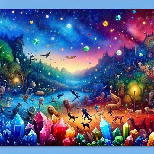 A whimsical fantasy landscape with colorful gems, mystical animals, and a vibrant night sky, embodying the essence of a character quiz in a fantasy setting.