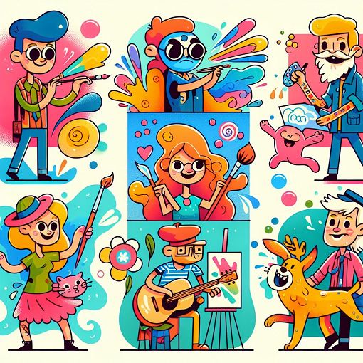 A whimsical and colorful illustration featuring characters from a fictional animated series, showcasing each character's unique traits and styles, with a vibrant background that represents fun and creativity.