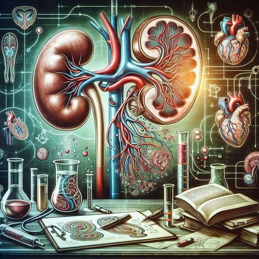 A detailed anatomical diagram highlighting the human kidney and heart, representing their interrelationship in pathology, with a background that suggests clinical research and education.