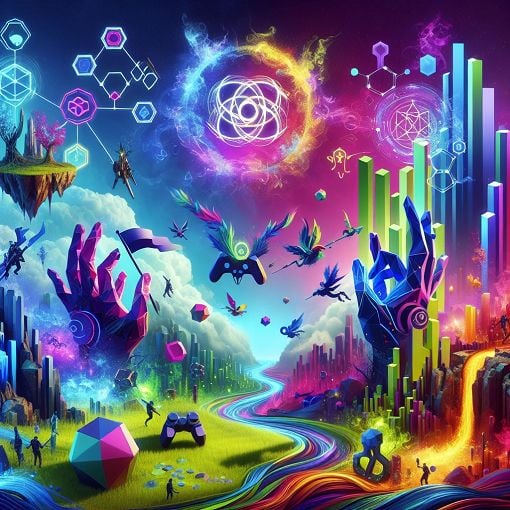 A dynamic digital art piece depicting an abstract representation of clans in a gaming universe, featuring symbols of unity and competition within a vibrant, fantastical landscape.