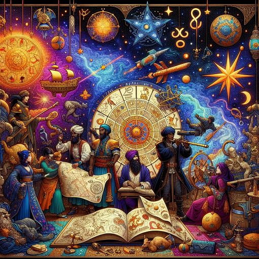 An illustrated scene of characters in a fantasy setting, depicting a mysterious universe with vibrant colors, featuring elements of astrology, adventure, and quirky interactions among the characters.