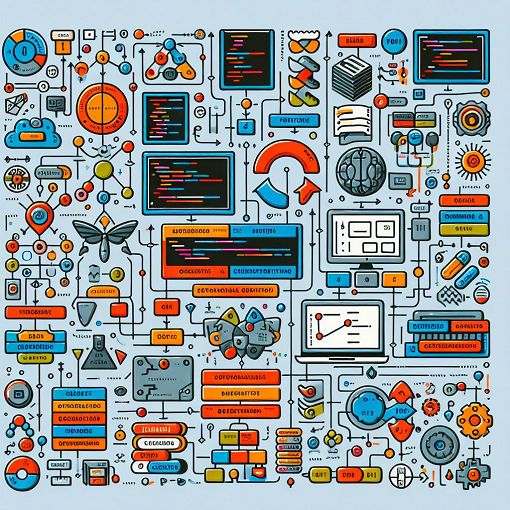 A visually engaging diagram representing various programming and database concepts combined with playful graphics, vibrant colors, and a sense of challenge.