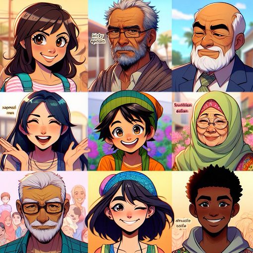 A colorful and animated illustration of diverse characters representing different personalities, standing together in a vibrant community setting inspired by anime culture.