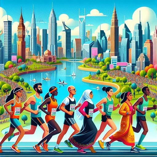 A vibrant running scene depicting athletes participating in a marathon, showcasing diversity and enthusiasm with a beautiful backdrop of a city skyline or nature.