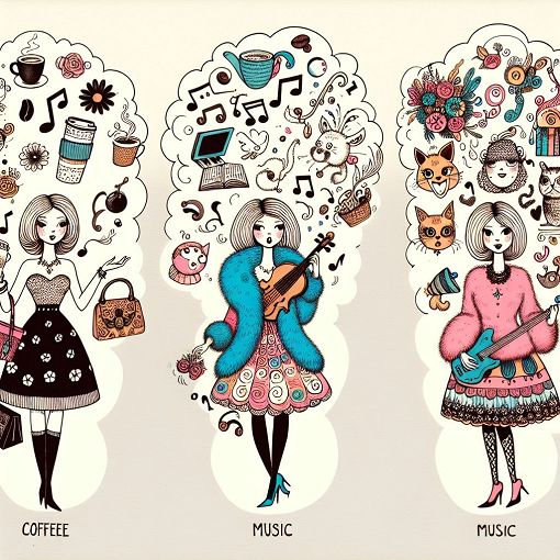 A whimsical illustration of three sisters resembling the Beldon Sisters, each with a distinctive style and personality, surrounded by fun elements that reflect their traits like coffee, music notes, and quirky animals.