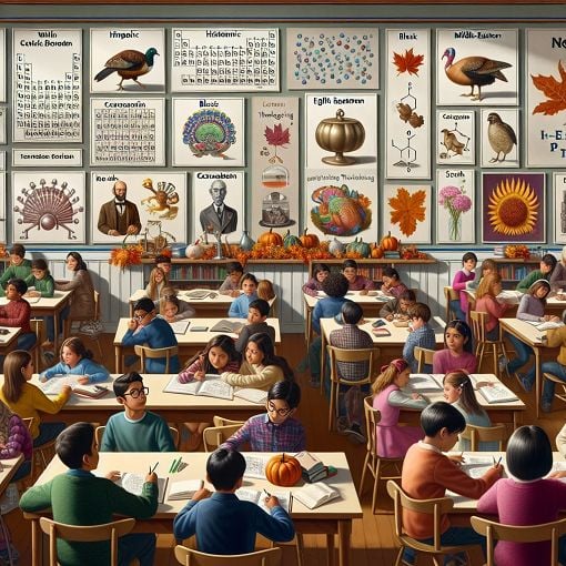 A vibrant classroom setting with students learning about science, English literature, and American culture, filled with elements from the periodic table and symbols of Thanksgiving.