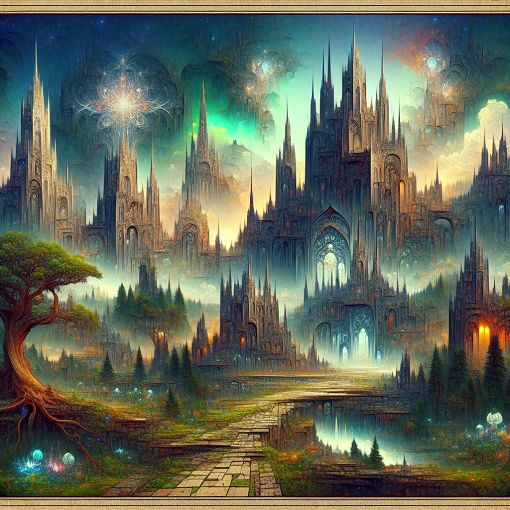 A mystical landscape representing the Ascendancy world, featuring gothic architecture, enchanted forests, and various mystical beings.