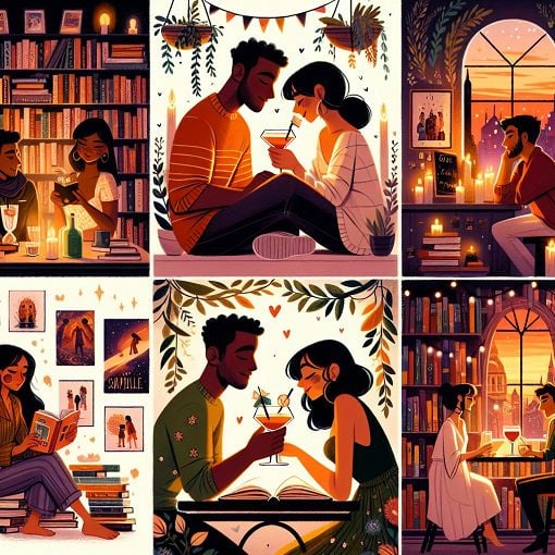 A whimsical illustration of diverse characters in various romantic scenarios, surrounded by books, cocktails, and cozy atmospheres, embodying the essence of love and companionship.