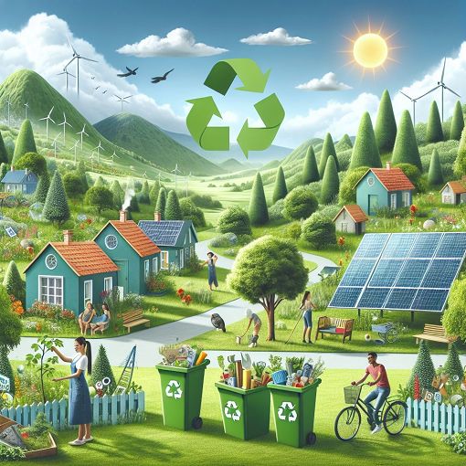 Generate an image of a beautiful green landscape with eco-friendly symbols such as recycling, solar panels, and bikes, with people engaging in sustainable activities like planting trees and riding bicycles.